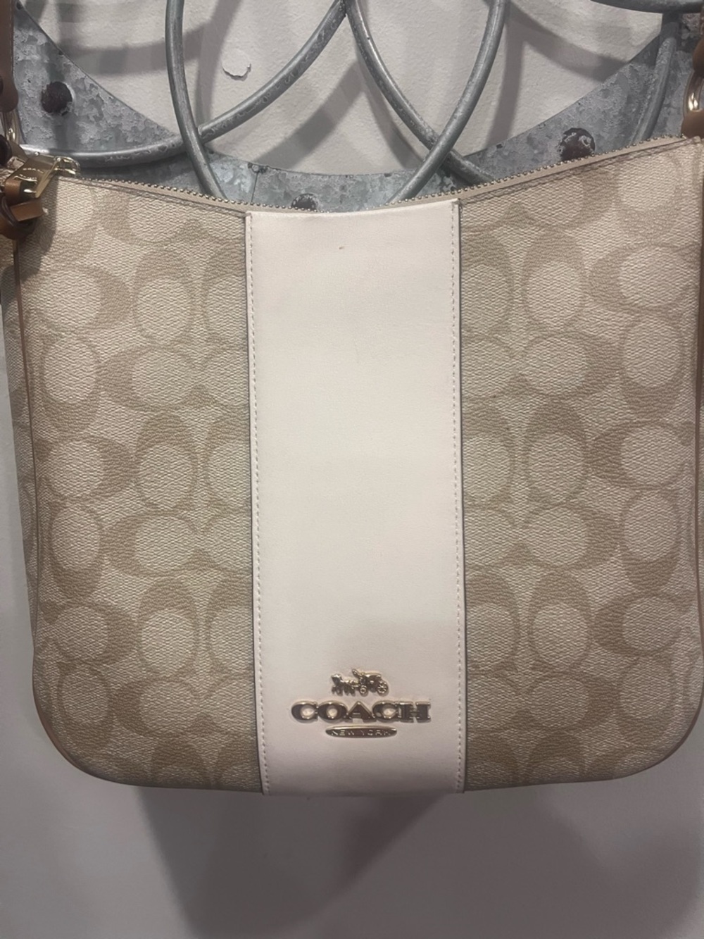 Coach Beige Signature Canvas Shoulder Bag with Cream Center Panel